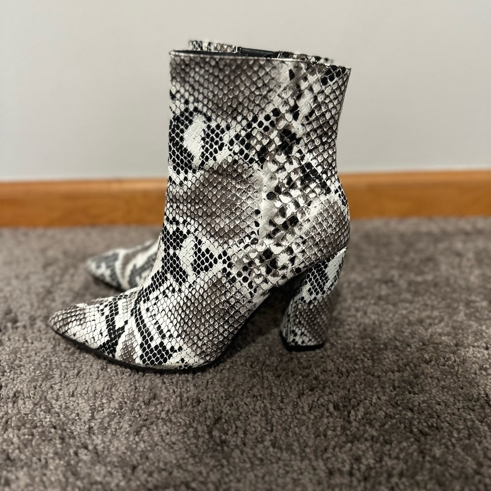 Snake Skin high heel Mid- Calf Booties worn lightly size women’s 8
